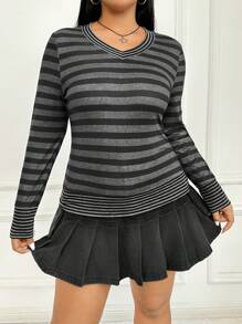 SHEIN EZwear Women's Plus Size Striped V-neck T-shirt - Dark Grey - View 1