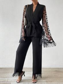 SHEIN LUNE Contrast Mesh Flare Sleeve Top And Fringe Hem Pants Set - Black - View 6