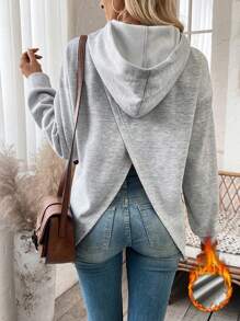 SHEIN LUNE Bọc Trở lại Thả vai Áo hoodie ấm áp - Xám - Xem 3