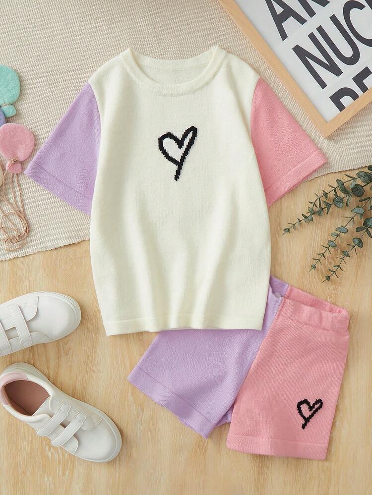 Girls' Contrast Color Heart Pattern Knitted Sweater And Shorts
