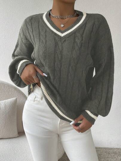 Selianne Lantern Sleeve V-Neck Cable-Knit Sweater,Long Sleeve Tops Knit Pullover Fall Winter Sweater
