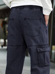 Aesthetic Post--Men's Loose Fit Denim Pants With Flap Pockets And Elastic Hem - Dark Grey - View 7