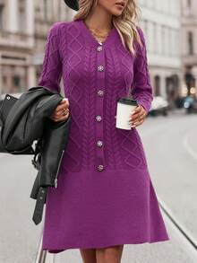 Cổ chữ V Dài Áo len dệt kim Đầm - Màu Hồng Tươi - Xem 5