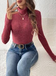 SHEIN Frenchy Camiseta de cuello tortuga tejido de canalé - Burdeos - Ver 5