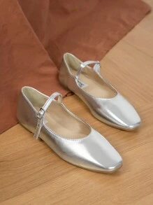 法式银色玛丽珍鞋女款，韩版优雅仙女风低帮平底鞋，带扣，平底 - 銀色 - 查看 1