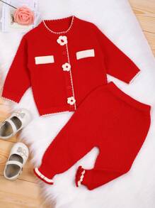 嬰兒女童花卉裝飾雙口袋毛衣套裝 - 紅色 - 查看 1