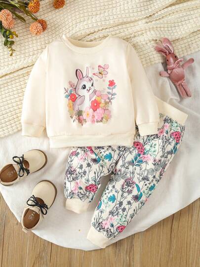 SHEIN Vintaside Kids 女嬰兔子印花運動衫&印花衛褲