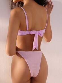 SHEIN Swim Conjunto de bikini de unicolor con decoración de volantes y lazo en la espalda para mujer, para la playa de verano - Rosa - Ver 2