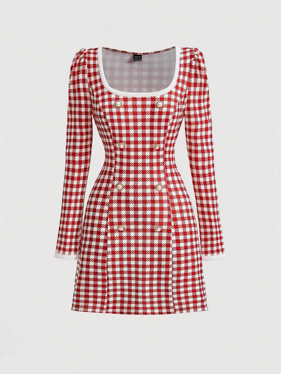 SHEIN MOD Gingham Square Neck Dress - Red and White - View 1