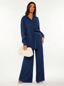 SHEIN Tall 落肩袖襯衫&闊腿褲 - 藏蓝色 - 查看 3