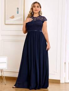 MIUSOL Plus Size Contrast Color Lace Chiffon Evening Party Long Formal Dress - Navy Blue - View 7