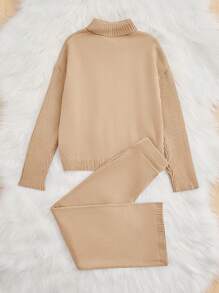 SHEIN Tween Girls' Turtleneck Sweater Set, Including Pullover And Long Pants - Camel - View 2