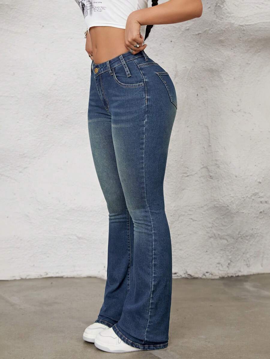 SHEIN ICON Flare Leg Jeans - Dark Wash - View 1