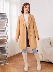 SHEIN Teen Girl Lapel Collar Slant Pocket Overcoat