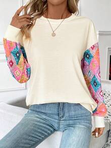 SHEIN LUNE Sudadera con estampado geométrico de hombros caídos - Albaricoque - Ver 6