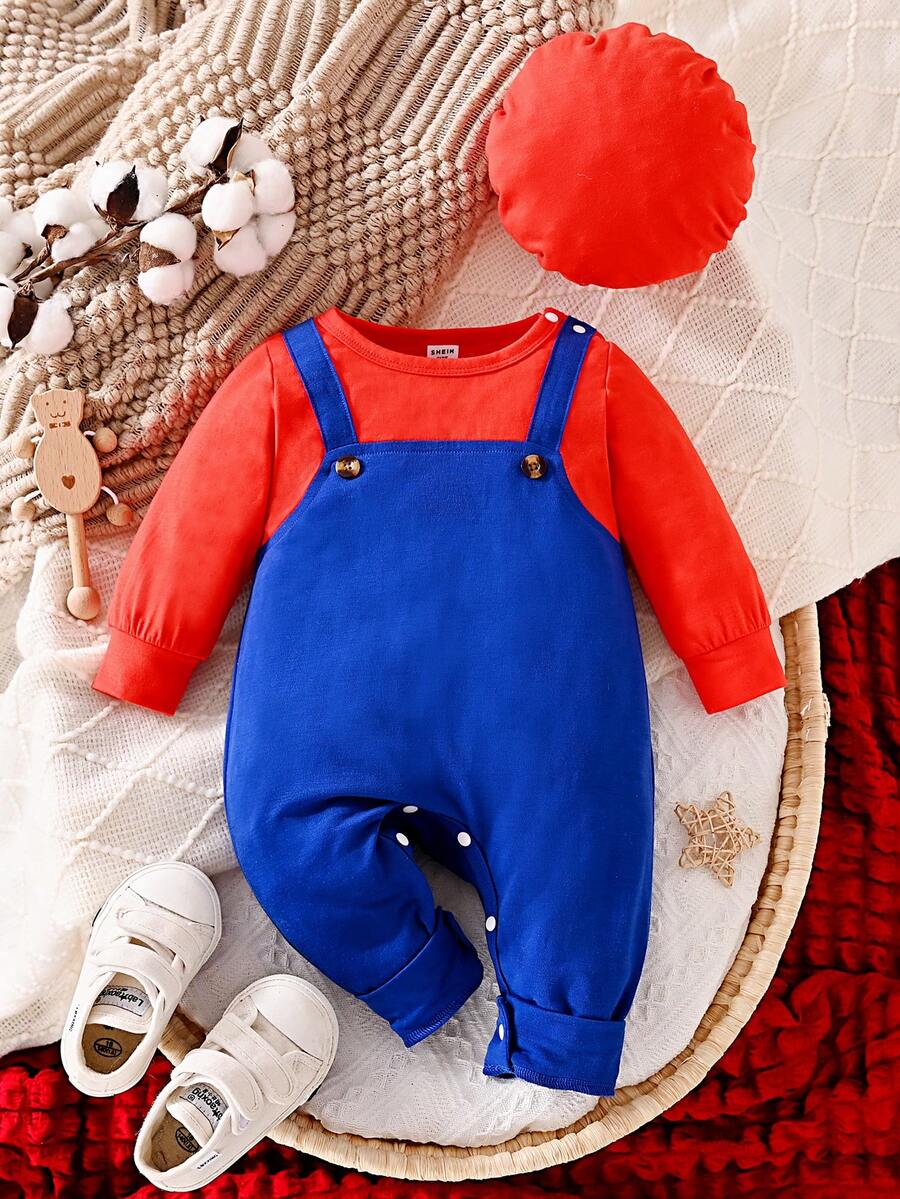 嬰兒男孩撞色連身褲帶鈕扣裝飾用品和帽 - 藍色 - 查看 1