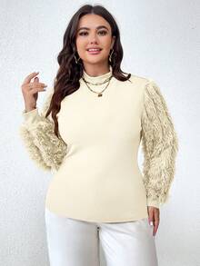Celure Plus Size Fur Sleeve Top - Beige - View 3