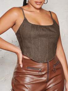 SHEIN BAE Plus Curved Hem Denim Cami Top - Brown - View 5