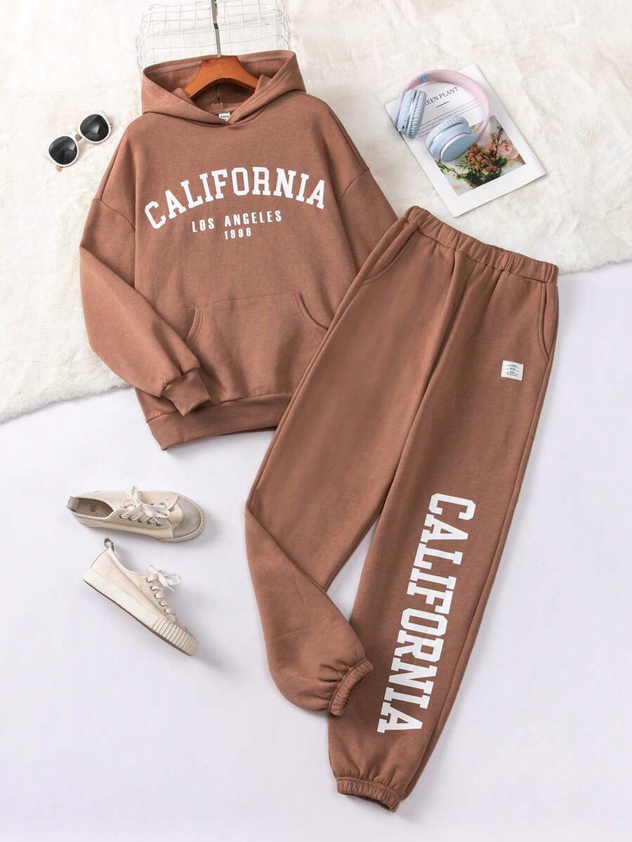 Teen Girl Letter Graphic Drop Shoulder Hoodie & Sweatpants - Khaki - View 1