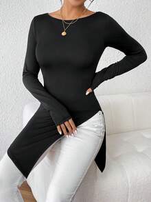 SHEIN Privé Của phụ nữ Thon gọn Kiểu Dài Áo thun Với Bên Khe - màu đen - Xem 3