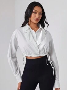 Amanda Daum Caballero Designer Business Casual Solid Drawstring Hem Double Collar Crop Shirt, For Holiday, Vacation, Spring, Beach, Festival, Ibiza Fits, Office - White - View 5