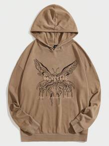 Manfinity VCAY Loose Fit Men Butterfly & Letter Graphic Drop Shoulder Hoodie, For Fall Winter - Brown - View 1