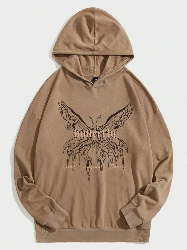 Loose Fit Men Butterfly & Letter Graphic Drop Shoulder Hoodie, For Fall Winter