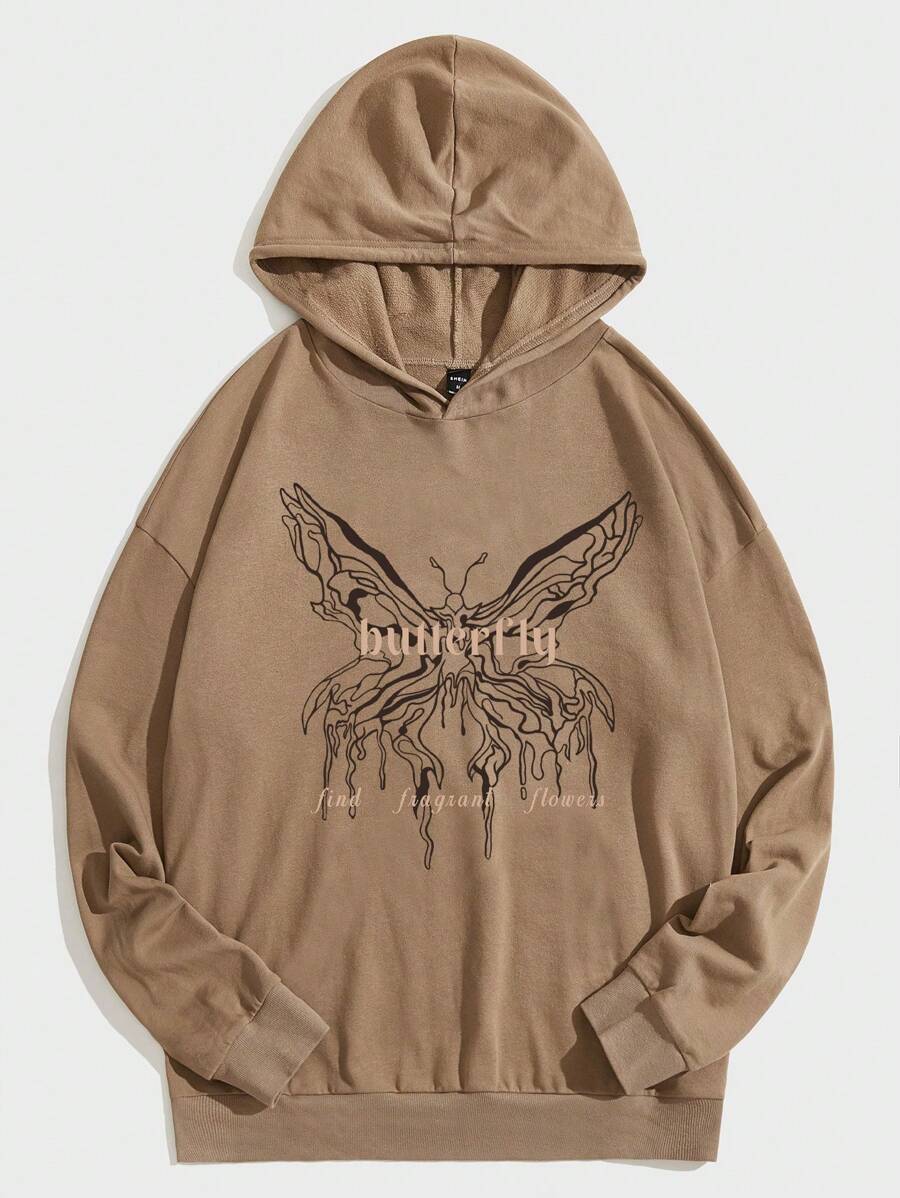 Manfinity VCAY Loose Fit Men Butterfly & Letter Graphic Drop Shoulder Hoodie, For Fall Winter - Brown - View 1