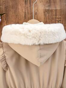 SHEIN Tween Girl Hooded Cinched Waist Khaki Padded Coat - Khaki - View 4