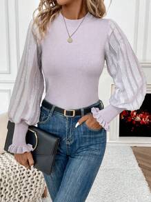 SHEIN Essnce 圓領拼接透明袖口褶皺毛衣 - 灰色 - 查看 1