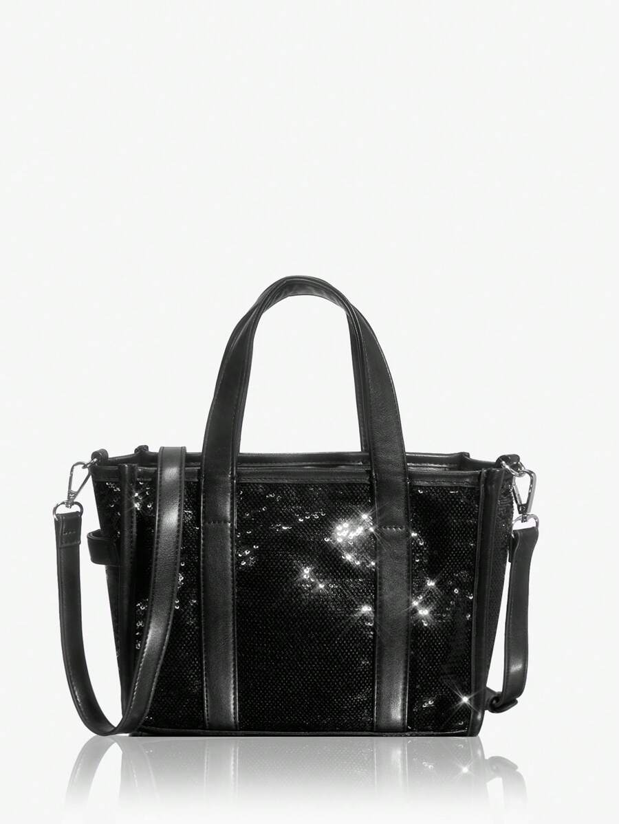 SHEIN SXY 女時尚經典黑色亮片頂部提把單肩包 - 黑色 - 查看 1