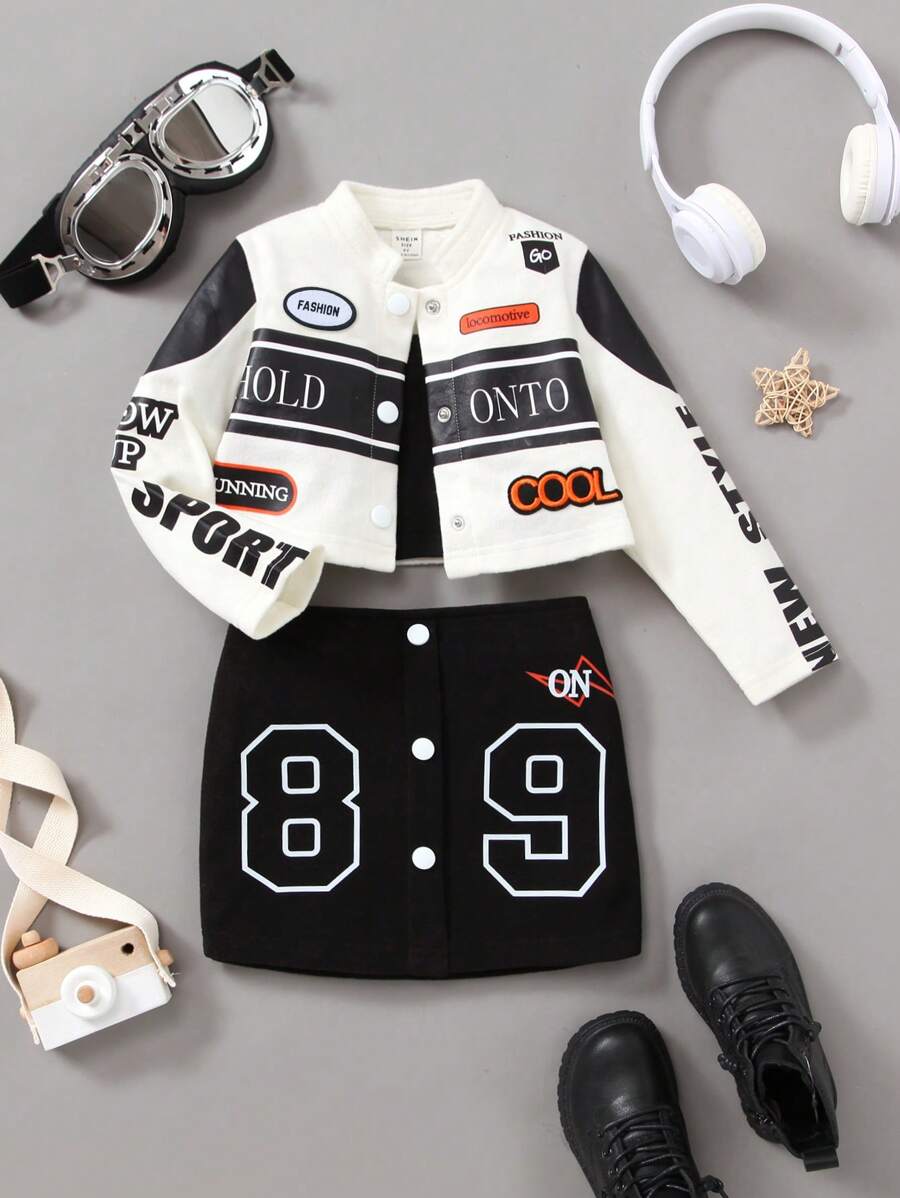 SHEIN Cô Gái Trẻ Mát mẻ Xe máy Phong cách In Áo khoác & Áo ba lỗ Áo & Váy mini 3 cái/bộ Đối với Mùa thu đông - Nhiều màu - Xem 1