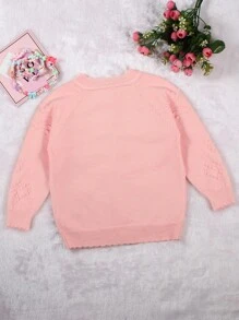 Baby Girl Heart Pointelle Knit Raglan Sleeve Cardigan - Coral Pink - View 2