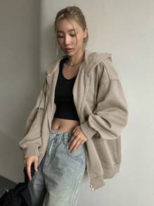 DAZY Women's Hooded Sweatshirt With Front Zipper Closure And Drop Shoulder Design,Fall Women Clothes - Khaki - View 4