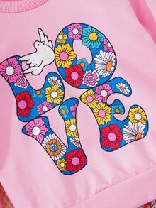 SHEIN Cô Gái Trẻ In Chữ & Hoa Áo chui đầu & Quần ống loe - Hồng - Xem 3