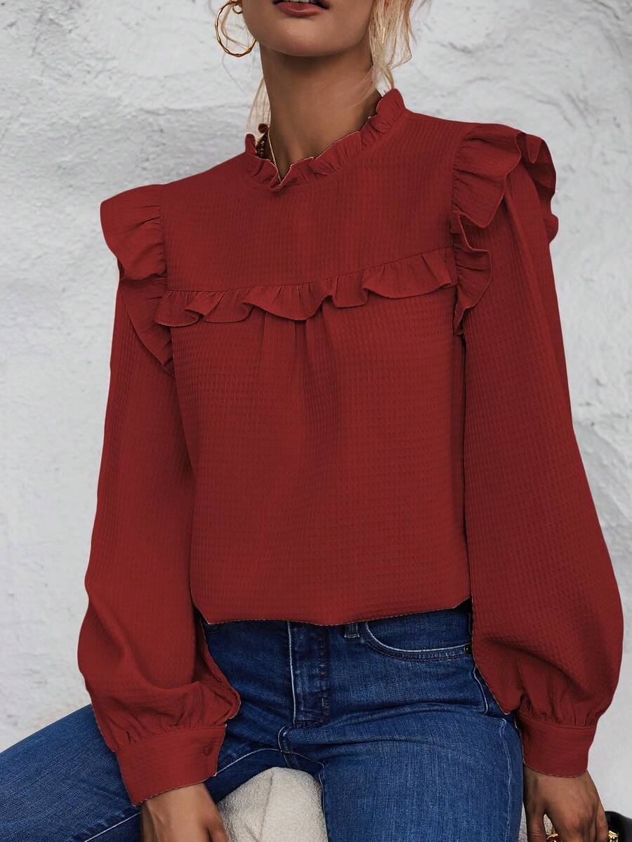 SHEIN LUNE 素色燈籠袖襯衫帶荷葉邊 - 酒紅色 - 查看 1
