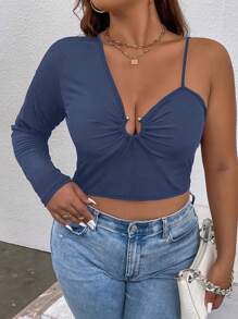 SHEIN Unity 大码女式纯色性感修身系带不对称单肩金属环衬衫 - 寶藍色 - 查看 3