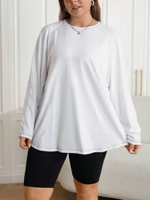 SHEIN EZwear Plus Size Raglan Sleeve T-Shirt - White - View 3