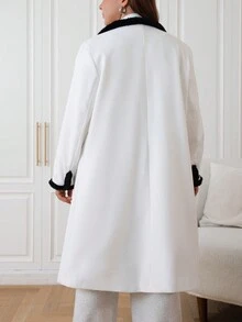 SHEIN EZwear 加大尺碼拼色羊毛大衣,邊緣細節處理 - 黑與白 - 查看 2