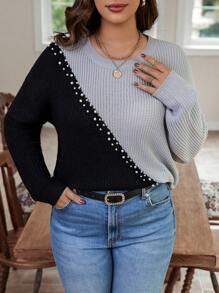 Calvaya 大碼雙色珍珠串珠套頭毛衣 - 黑色 - 查看 1