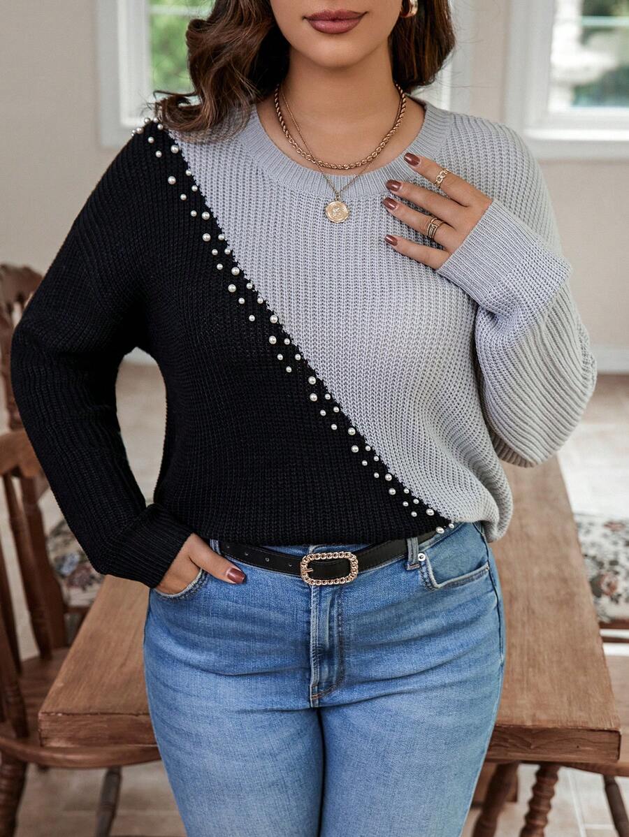 Calvaya 大碼雙色珍珠串珠套頭毛衣 - 黑色 - 查看 1