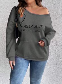 Calvaya 大码标语印花落肩运动衫 - 灰色 - 查看 6