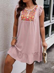 Plus Size Striped & Printed & Embroidered Patchwork Cap Sleeve Dress