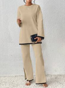 Chiquease Women's Color Block Sweater And Pants Set With Hem Slit Detail - Apricot - View 4