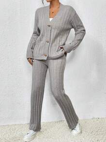 SHEIN LUNE 2入組緞帶紋實色針織開襟衫套裝