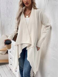 SHEIN LUNE Cárdigan Largo De Cuello De Cascada Y Manga Larga Abierta - Beis - Ver 3