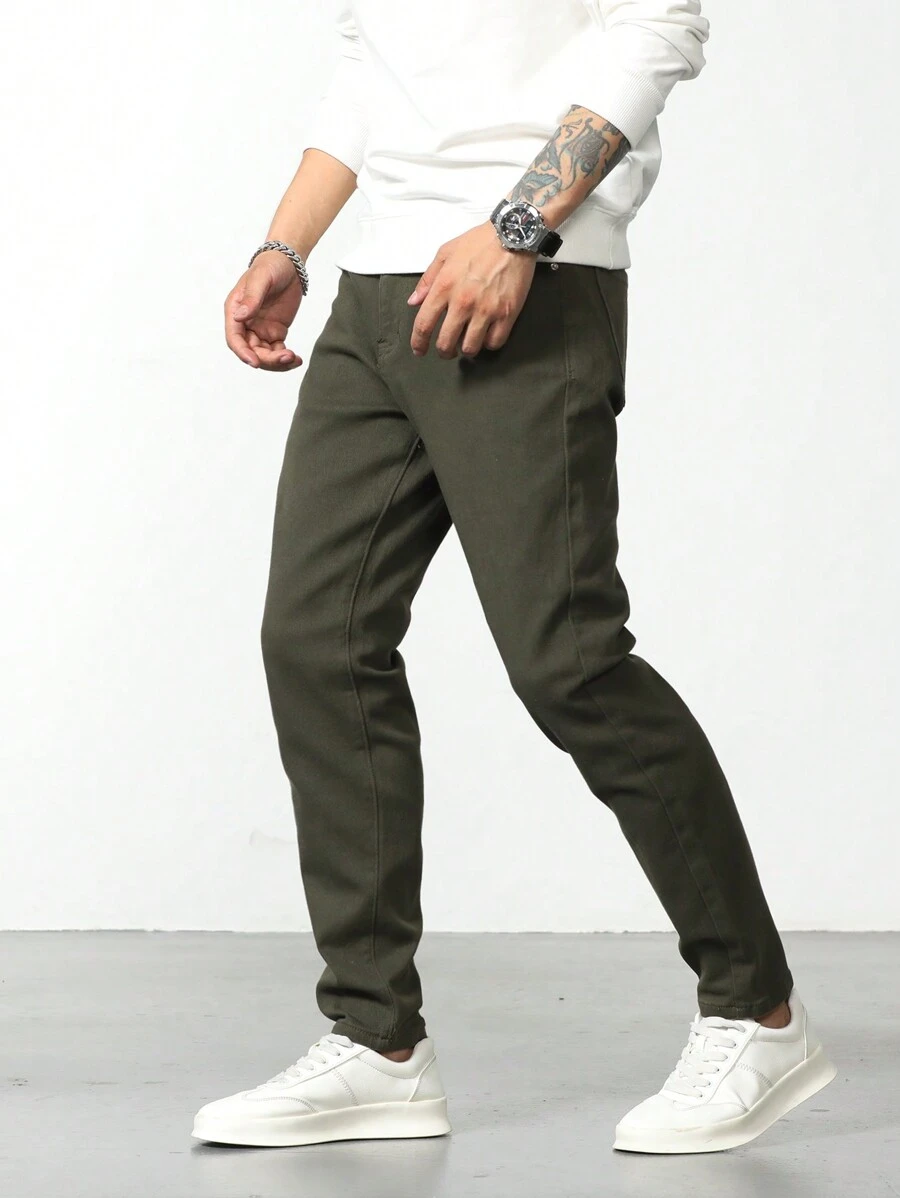 Manfinity Homme 男士棉斜口袋牛仔褲 - 軍綠色 - 查看 1