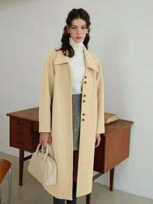 插肩袖纽扣长款复古羊毛大衣 - 黃色 - 查看 6