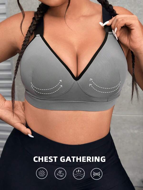 SHEIN Sport Studio Plus Size Contrast Binding Sports Bra High Support With Sewn-In Pads,Non-Removable Pads For Women High Support Racerback,Workout, Yoga, Running
