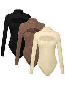 SHEIN Unity 3pcs Cut Out Mock Neck Bodysuit - Multicolor - View 1